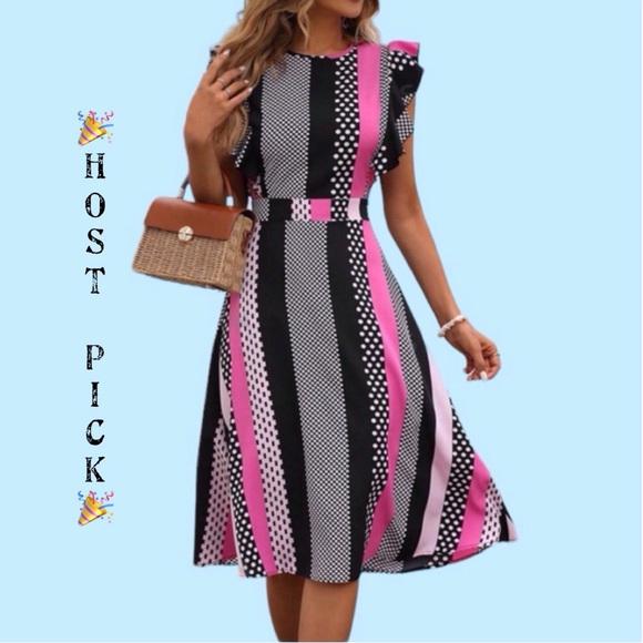 SHEIN Dresses & Skirts - Shein Pink Black Polka Dot Striped Print Dress NWT